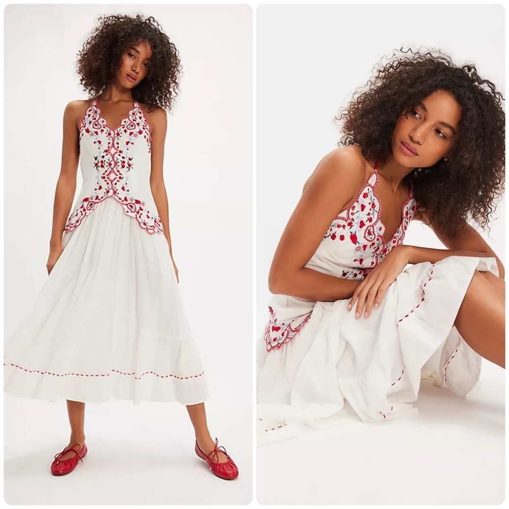 NEW! Free People Valenciana Embroidered Cotton Dress Cottagecore Boho 🍒 Medium - Picture 3 of 16